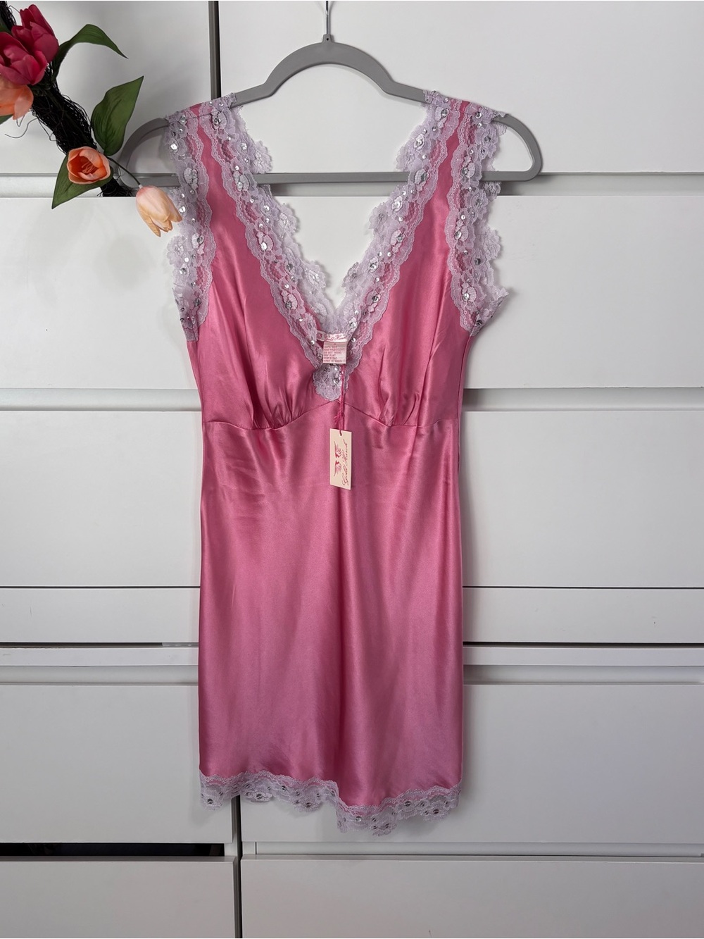 Y2K 100% SILK Women's Pink Lace-Trim Slip